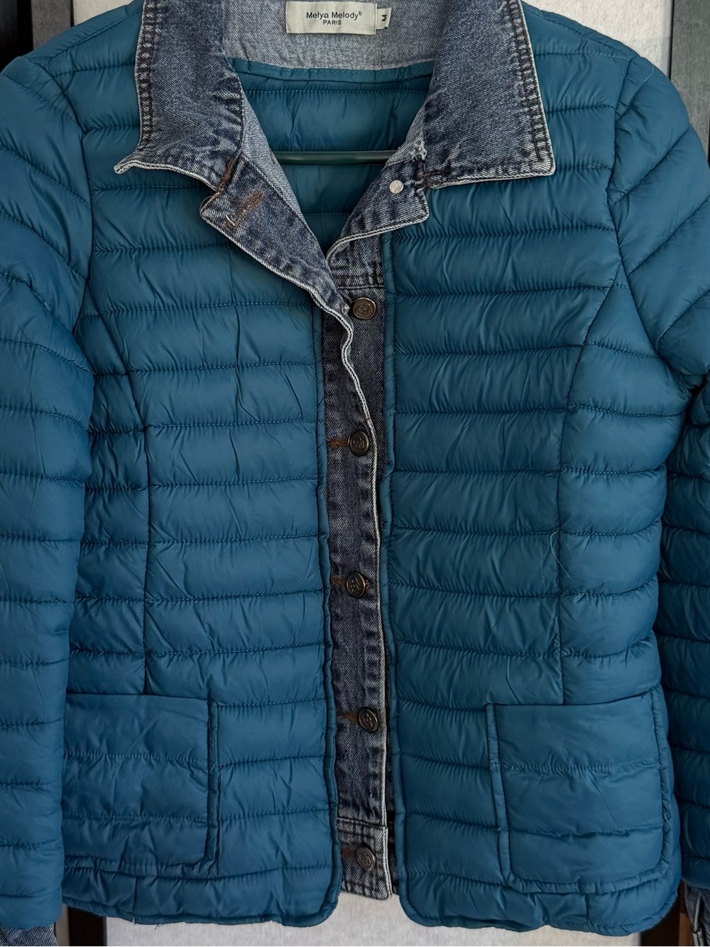 Melya Melody Paris Puffer Jacket Denim Trim Teal Quilted Layered Look Women's M - Picture 3 of 9
